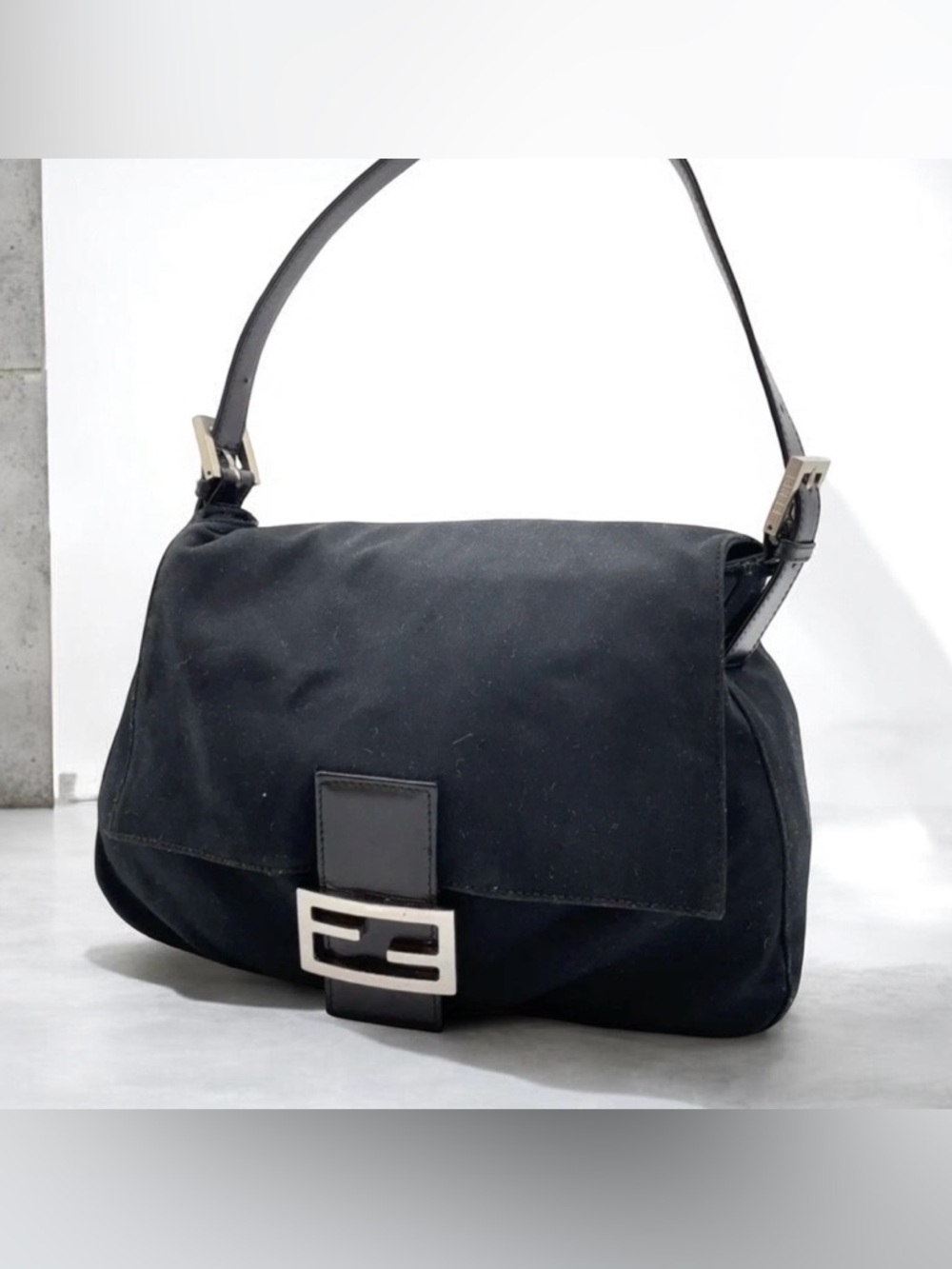 AUTH FENDI MAMA MAMMA Baguette Bag in Black Neoprene Canvas SHW Authentic